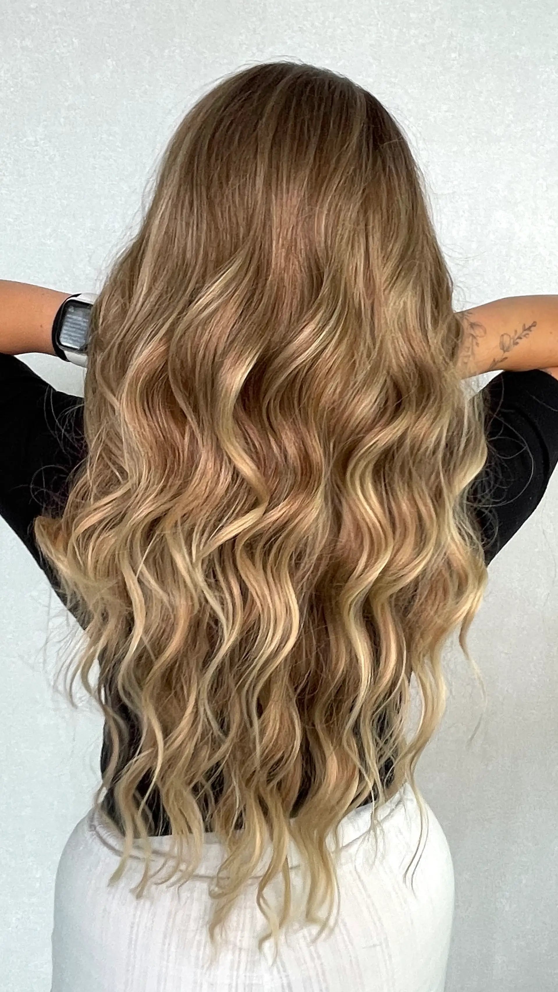 Queen ombre synthetic from back view, holding up hair showing soft blend of natural colours.