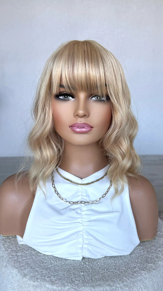 honey blonde fringe wig, 12-14 inch length. heat safe hair.