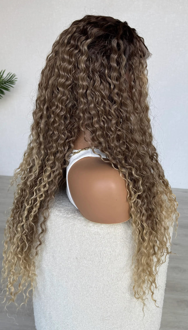 side view, long curly  lacefront synthetic wig australia. heat safe synthetic hair. 