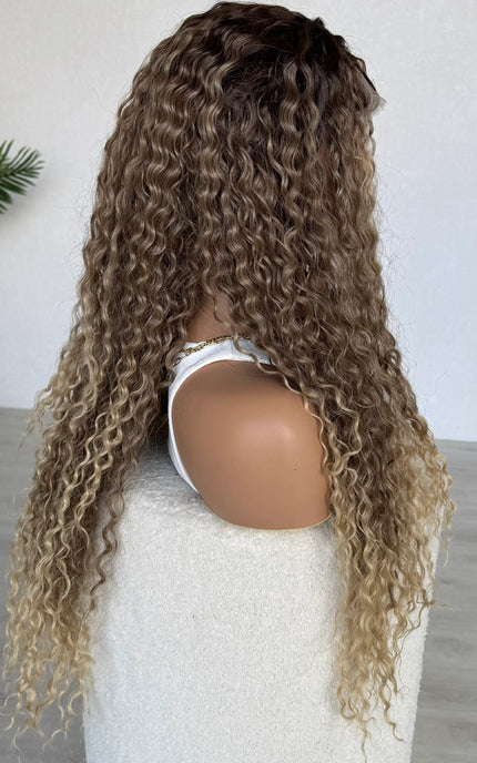 side view, long curly  lacefront synthetic wig australia. heat safe synthetic hair. 