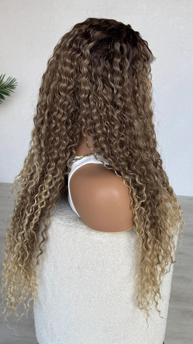 side view, long curly  lacefront synthetic wig australia. heat safe synthetic hair. 