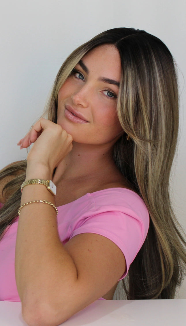 Lace Front Highlighted Brunette Curtain Bang Synthetic Wig – Venus