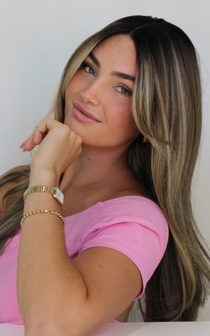 Lace Front Highlighted Brunette Curtain Bang Synthetic Wig – Venus