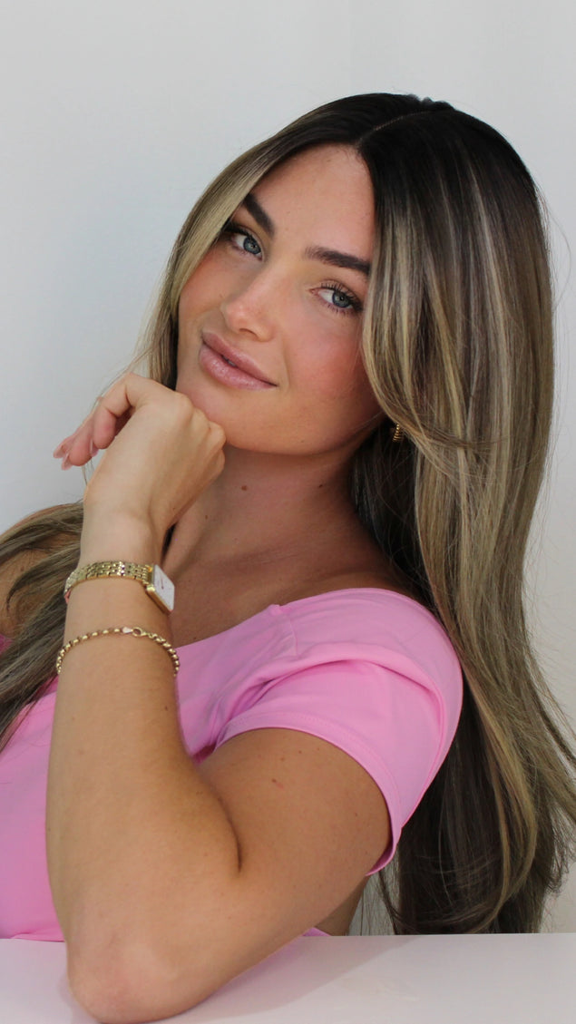 Lace Front Highlighted Brunette Curtain Bang Synthetic Wig – Venus
