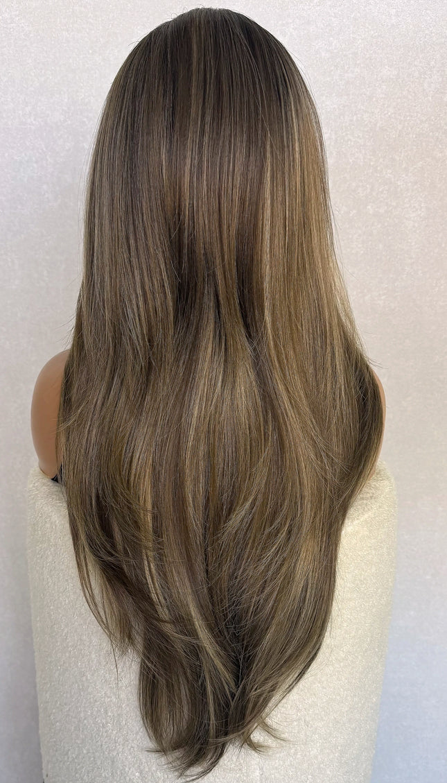 Lace Front Highlighted Brunette Curtain Bang Synthetic Wig – Venus