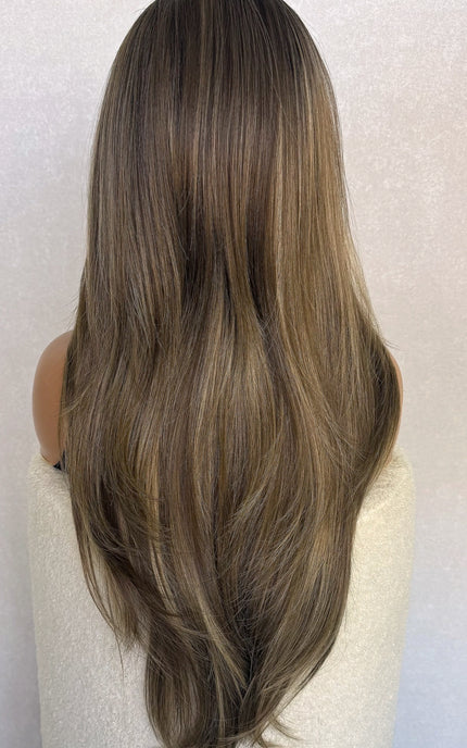 Lace Front Highlighted Brunette Curtain Bang Synthetic Wig – Venus