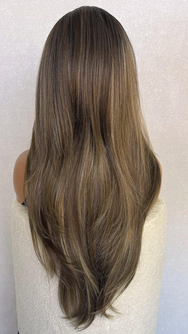 Lace Front Highlighted Brunette Curtain Bang Synthetic Wig – Venus
