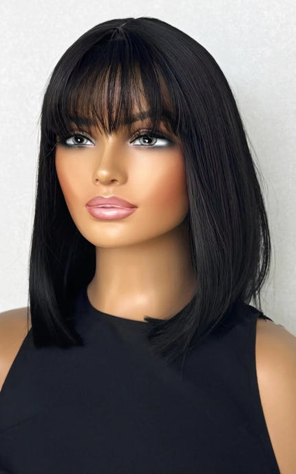Black Bob Glue-Less Synthetic Wig with Fringe - Mia