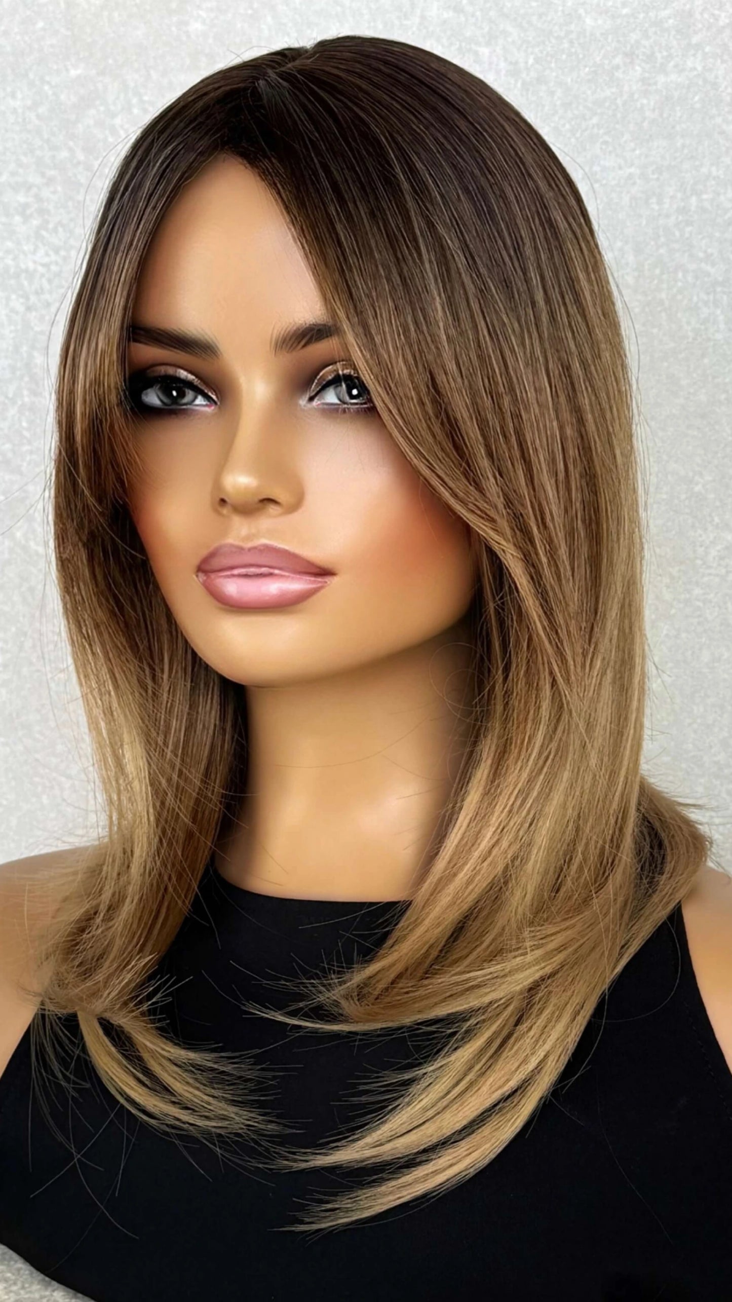 Brunette Balayage with Curtain Bangs Synthetic Wig – Jeanie