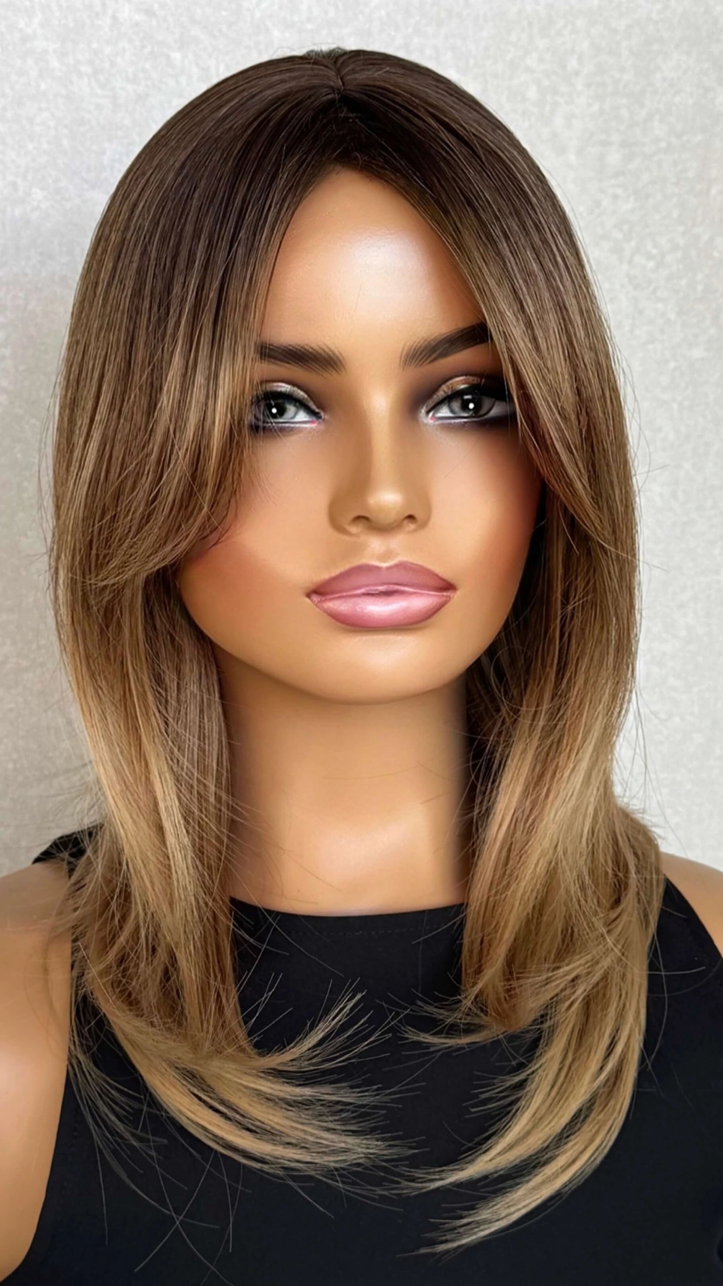 Brunette Balayage with Curtain Bangs Synthetic Wig – Jeanie