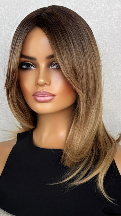 Brunette Balayage with Curtain Bangs Synthetic Wig – Jeanie