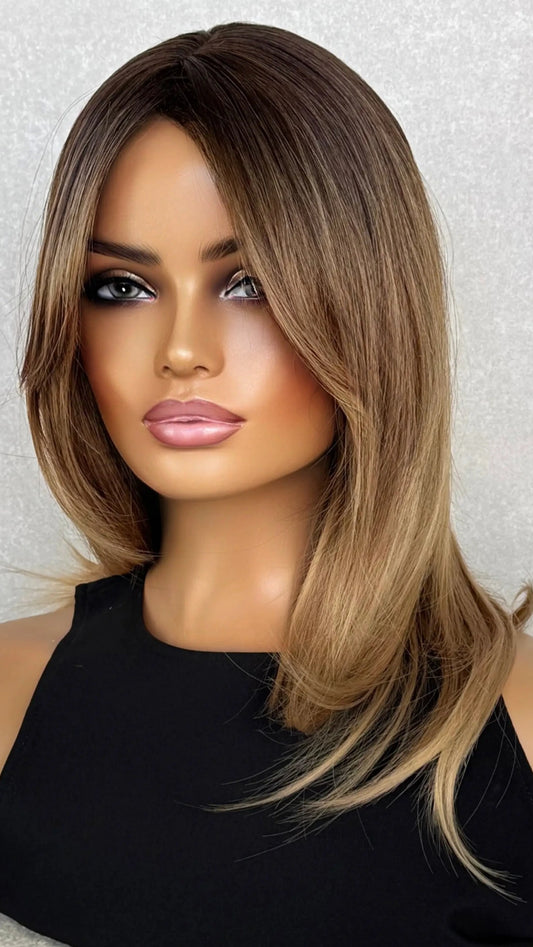 Brunette Balayage with Curtain Bangs Synthetic Wig – Jeanie