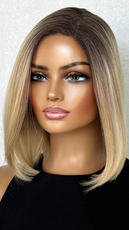 Creamy Blonde With Dark Root T-part Lacefront Synthetic Wig – Martha