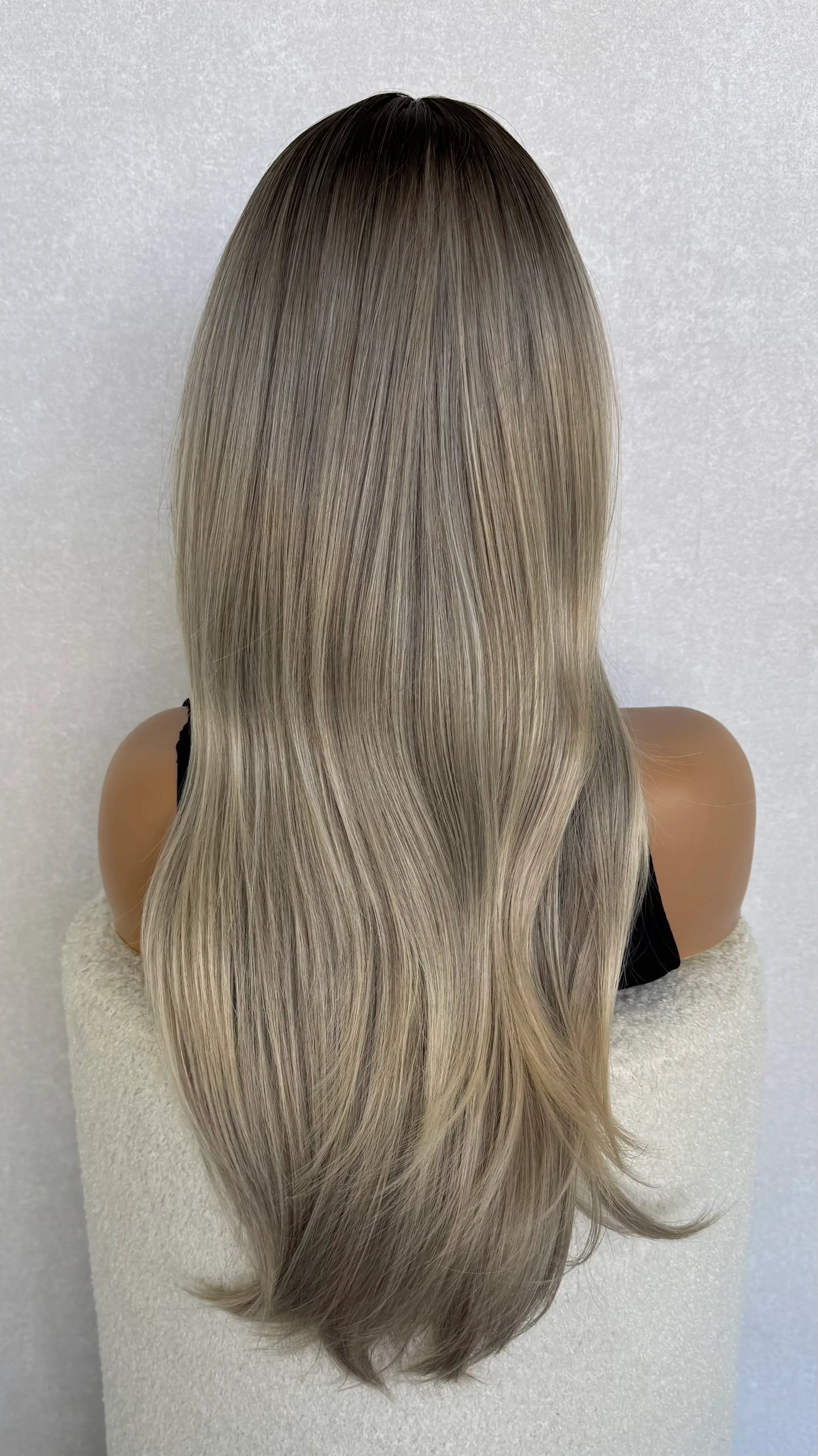 Ash blonde with root and Curtain Bangs Luxe Synthetic Wig - Natalia