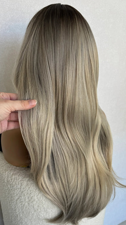 Ash blonde with root and Curtain Bangs Luxe Synthetic Wig - Natalia