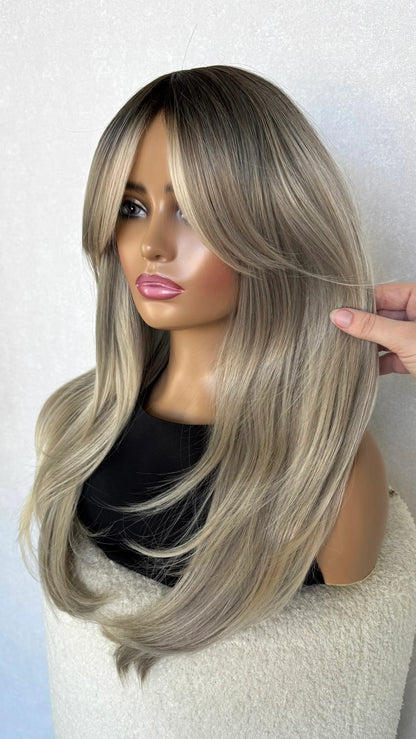 Ash blonde with root and Curtain Bangs Luxe Synthetic Wig - Natalia
