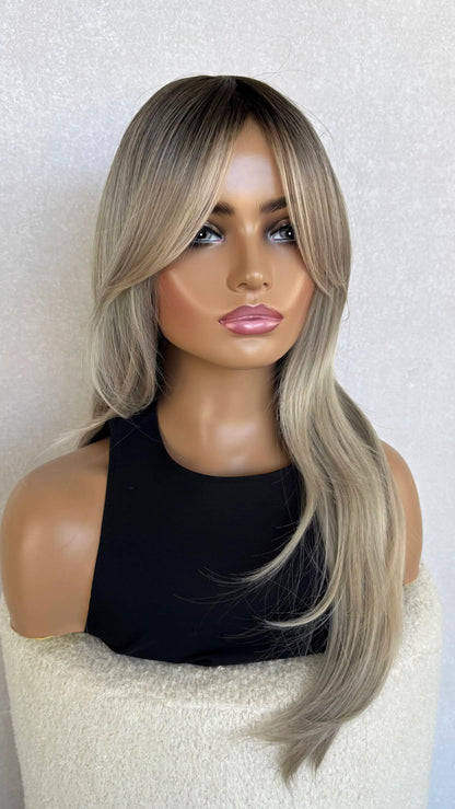 Ash blonde with root and Curtain Bangs Luxe Synthetic Wig - Natalia