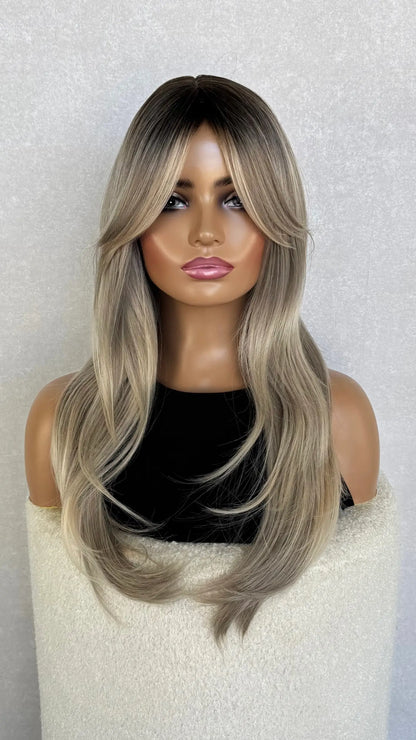 Ash blonde with root and Curtain Bangs Luxe Synthetic Wig - Natalia