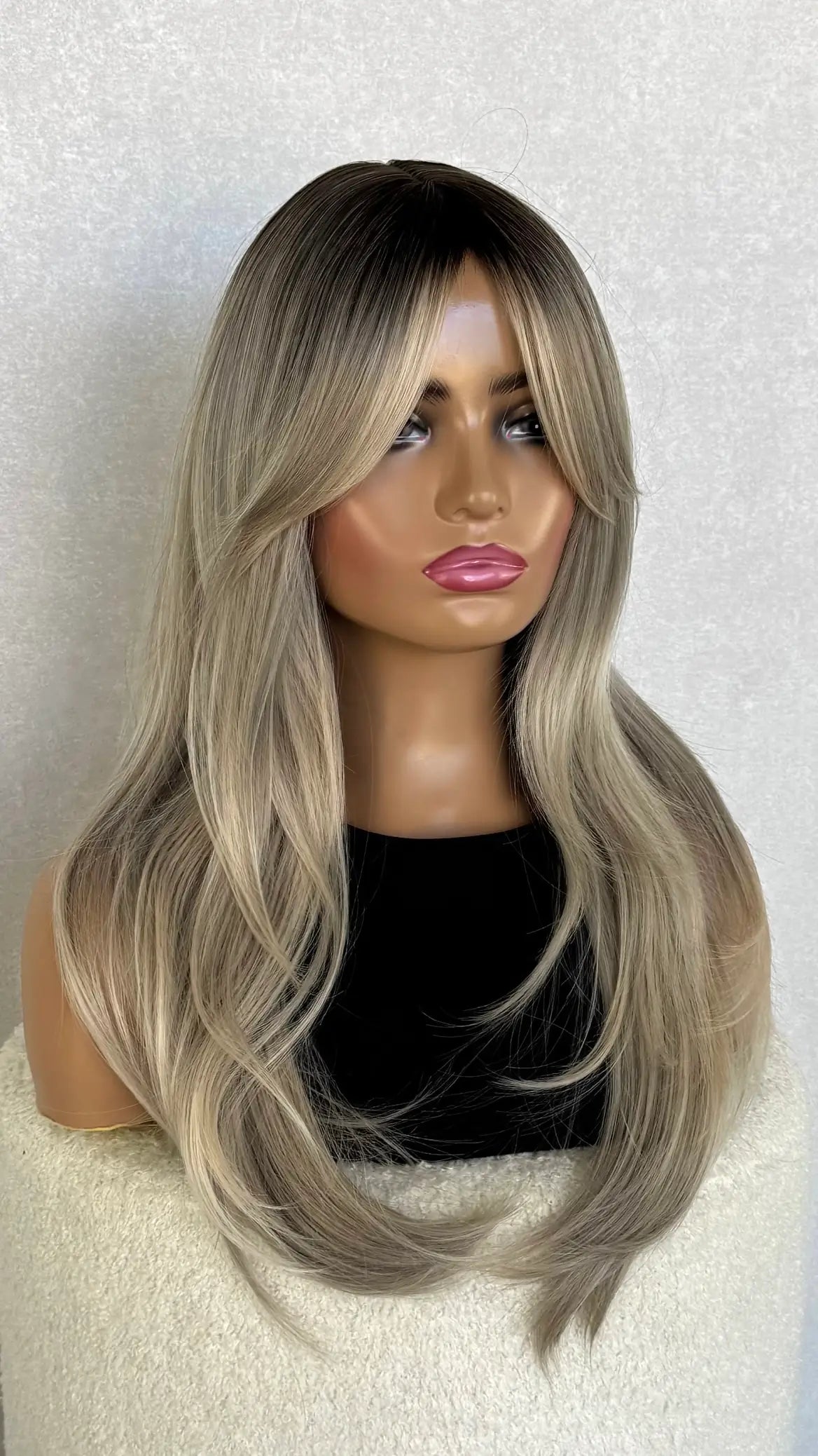 Ash blonde with root and Curtain Bangs Luxe Synthetic Wig - Natalia