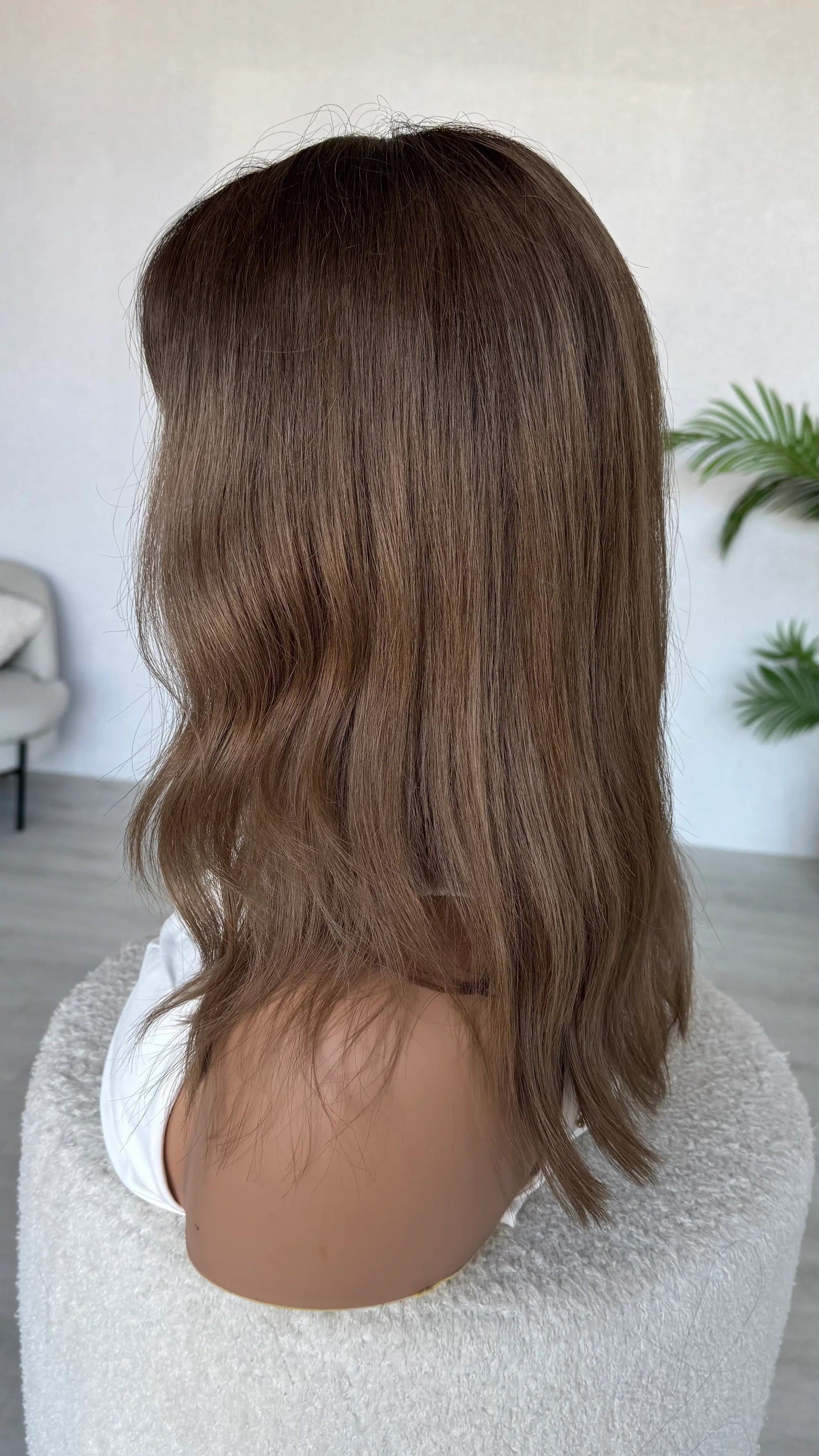 side on view brunette fringe wig, 26 inch length.