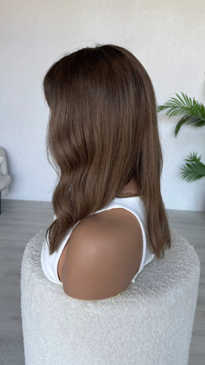 side on view 16 inch human hair wig sale.