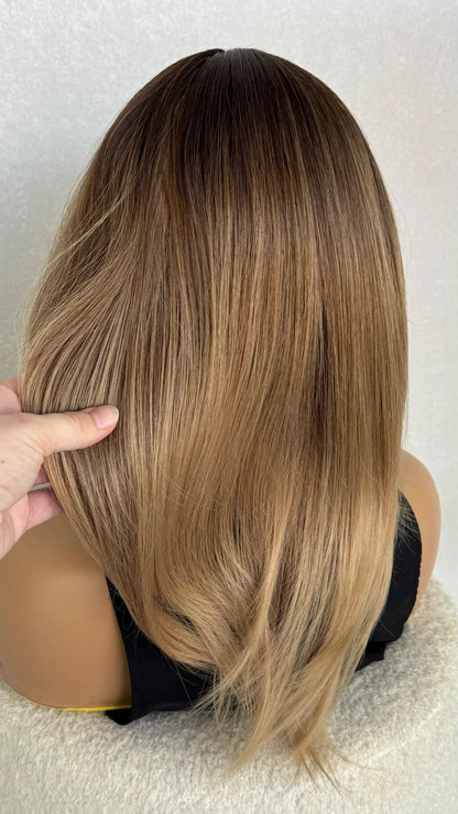 Brunette Balayage with Curtain Bangs Synthetic Wig – Jeanie