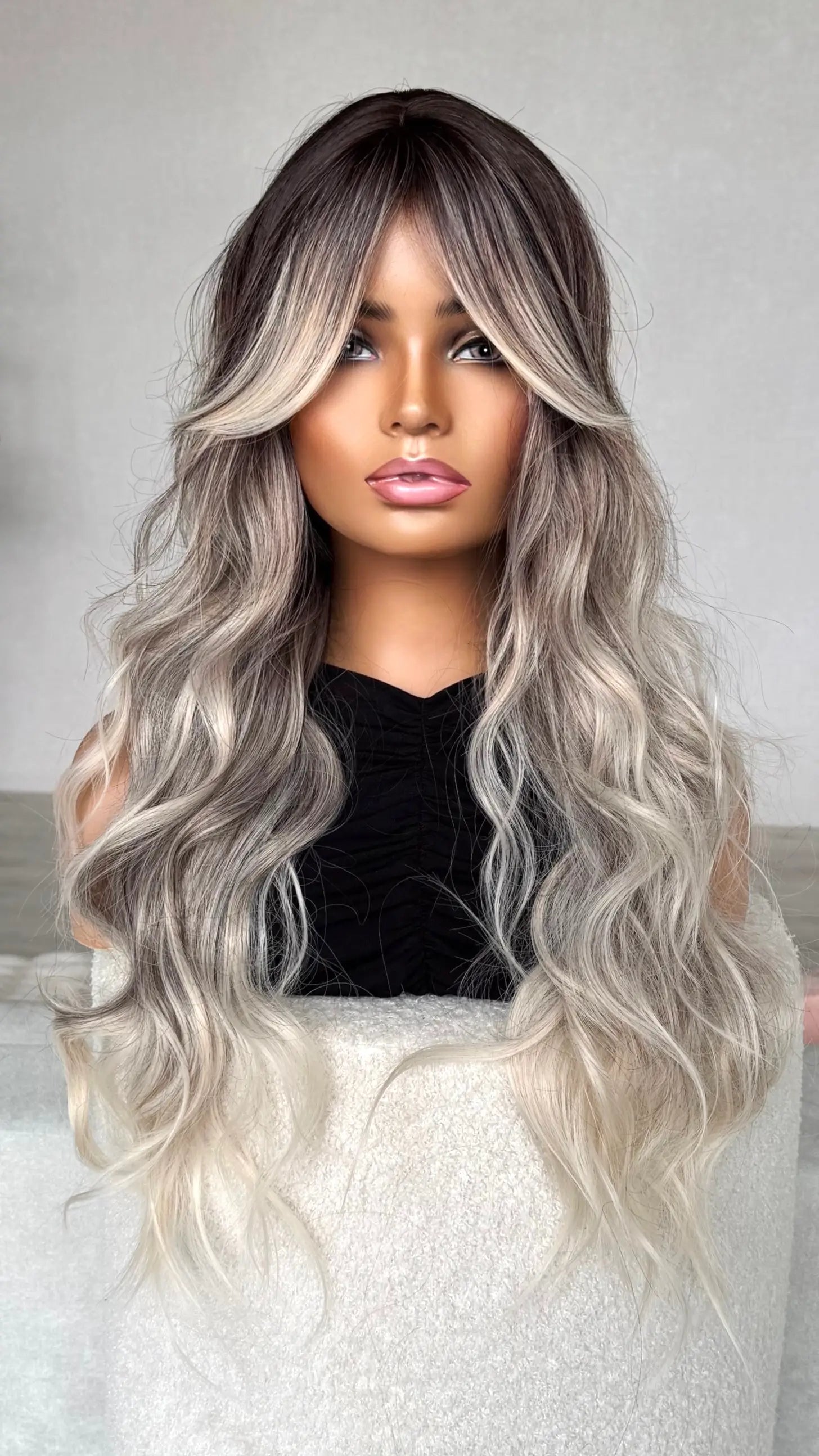 front view, curtain bang synthetic wig, dark to light blonde ash.