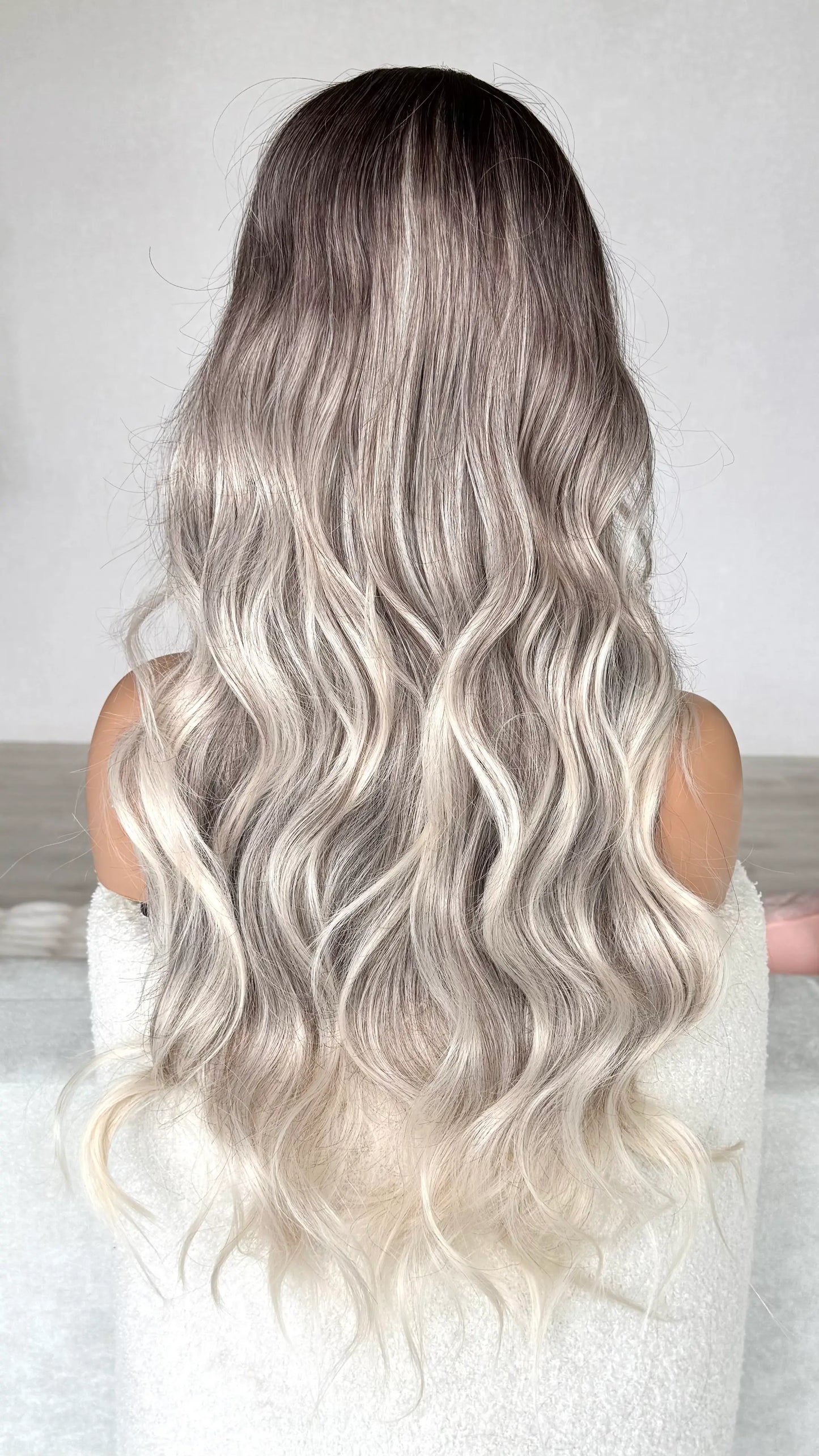 back view, balayage hair, ash blonde, dark root. heat safe synthetic hair.