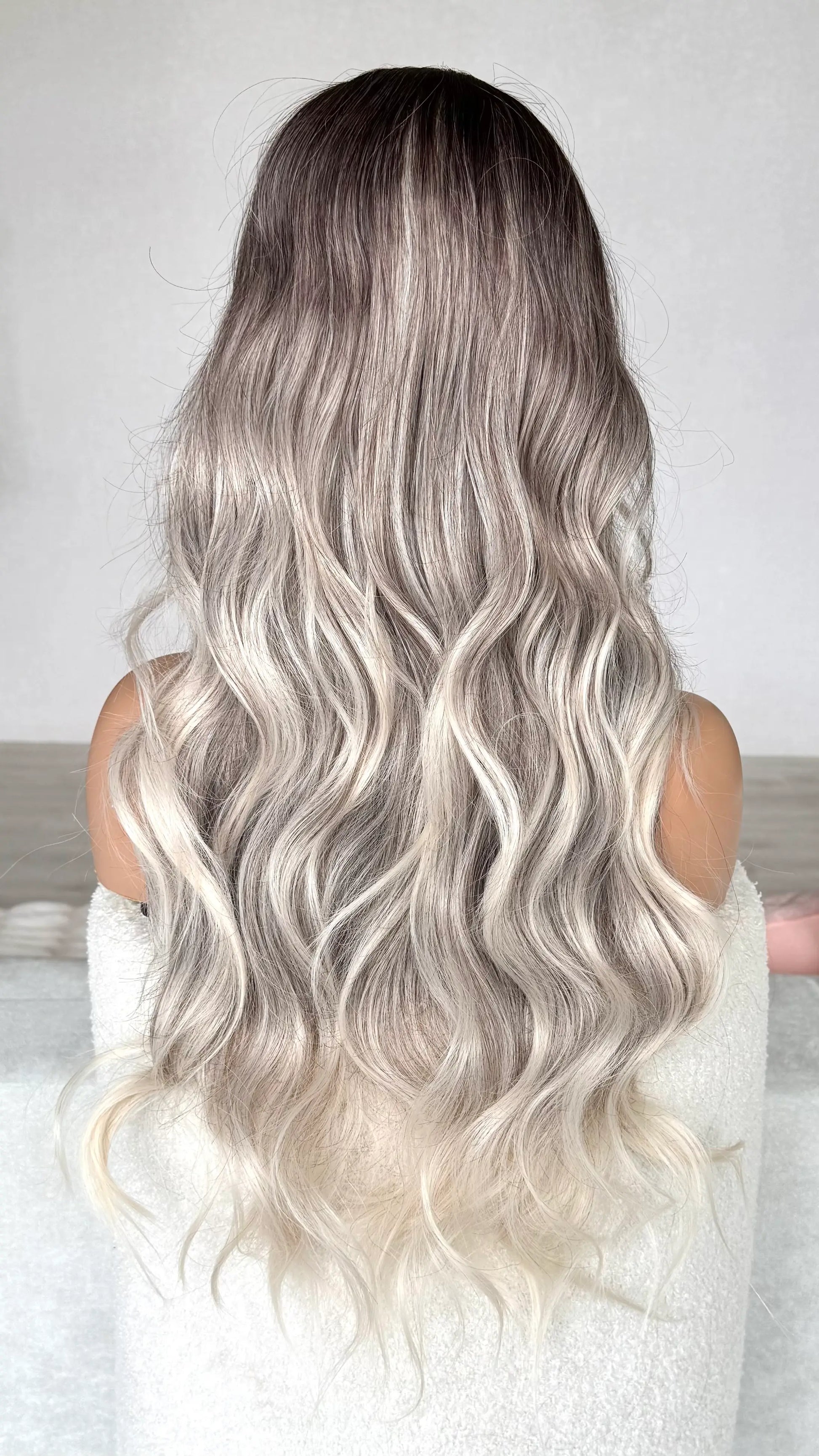 back view, balayage hair, ash blonde, dark root. heat safe synthetic hair.