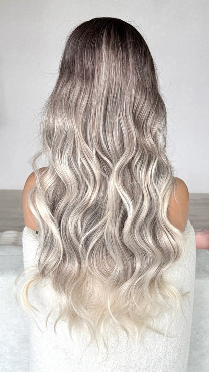back view, balayage hair, ash blonde, dark root. heat safe synthetic hair.