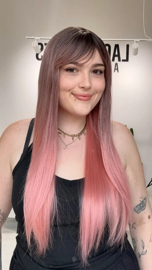 heat safe pink ombre long wig with fringe, glueless wig with middle part and fringe. gold coast australia, natural synthetics.