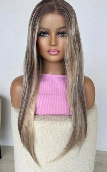 long ash blonde lacefront wig, middle part 