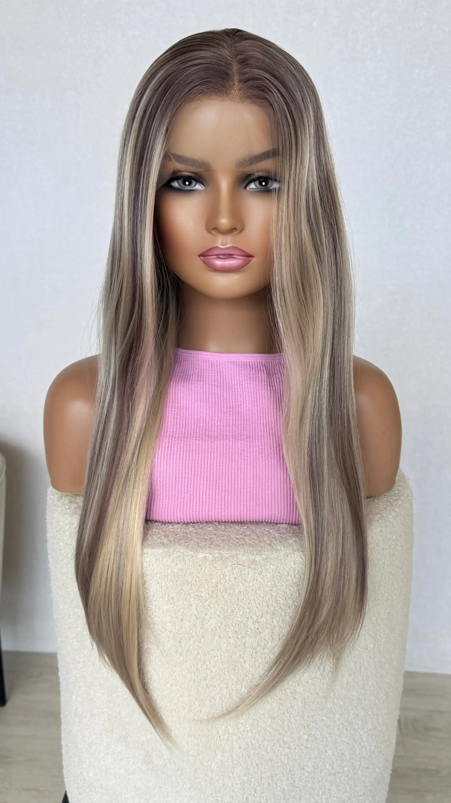 long ash blonde lacefront wig, middle part 