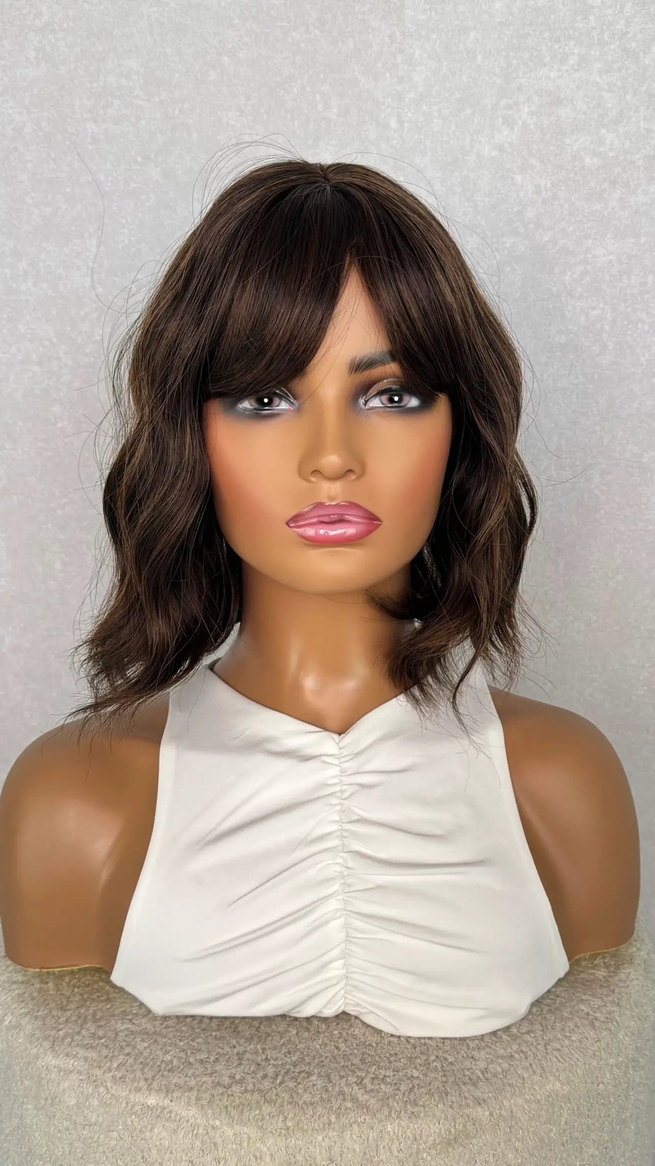 Dark Brunette with Copper Highlights, fringe synthetic wig