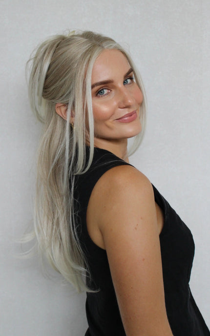 Bright Creamy Blonde Lace Front Layered Synthetic – Tinker, heat safe synthetic side on, tied back.