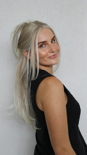 Bright Creamy Blonde Lace Front Layered Synthetic – Tinker, heat safe synthetic side on, tied back.