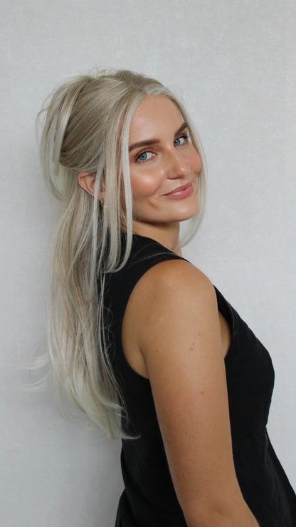 Bright Creamy Blonde Lace Front Layered Synthetic – Tinker, heat safe synthetic side on, tied back.