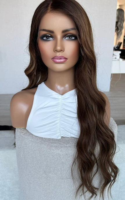 glueless medical human hair wig long brunette wavy hair.