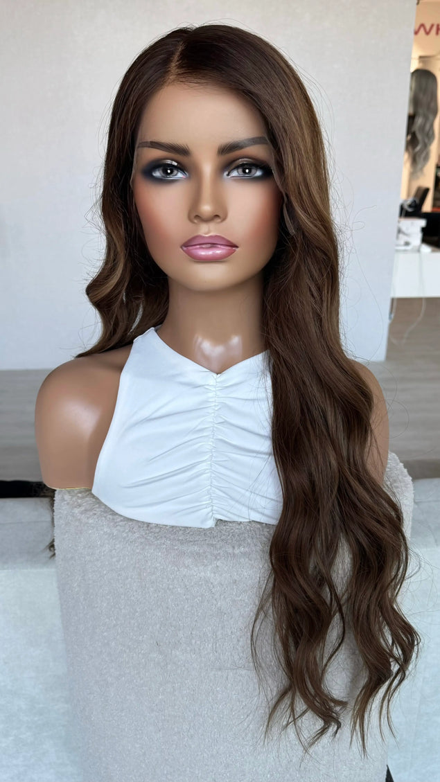 glueless medical human hair wig long brunette wavy hair.