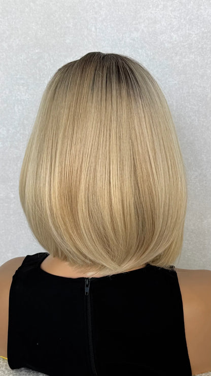 Creamy Blonde With Dark Root T-part Lacefront Synthetic Wig – Martha