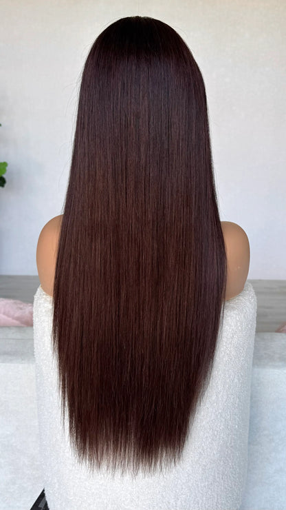 back view long hair, brunette with burgundy highlights. 24 inch hair.