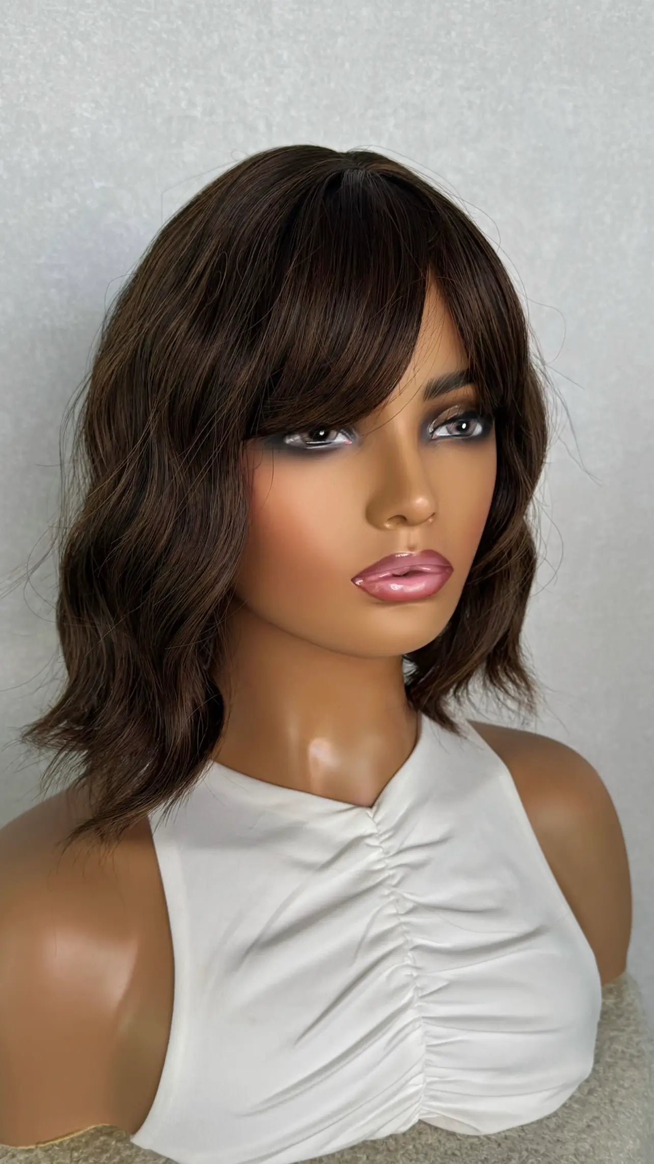 Dark Brunette With Fine Copper Highlights Fringe Synthetic Wig – Lana