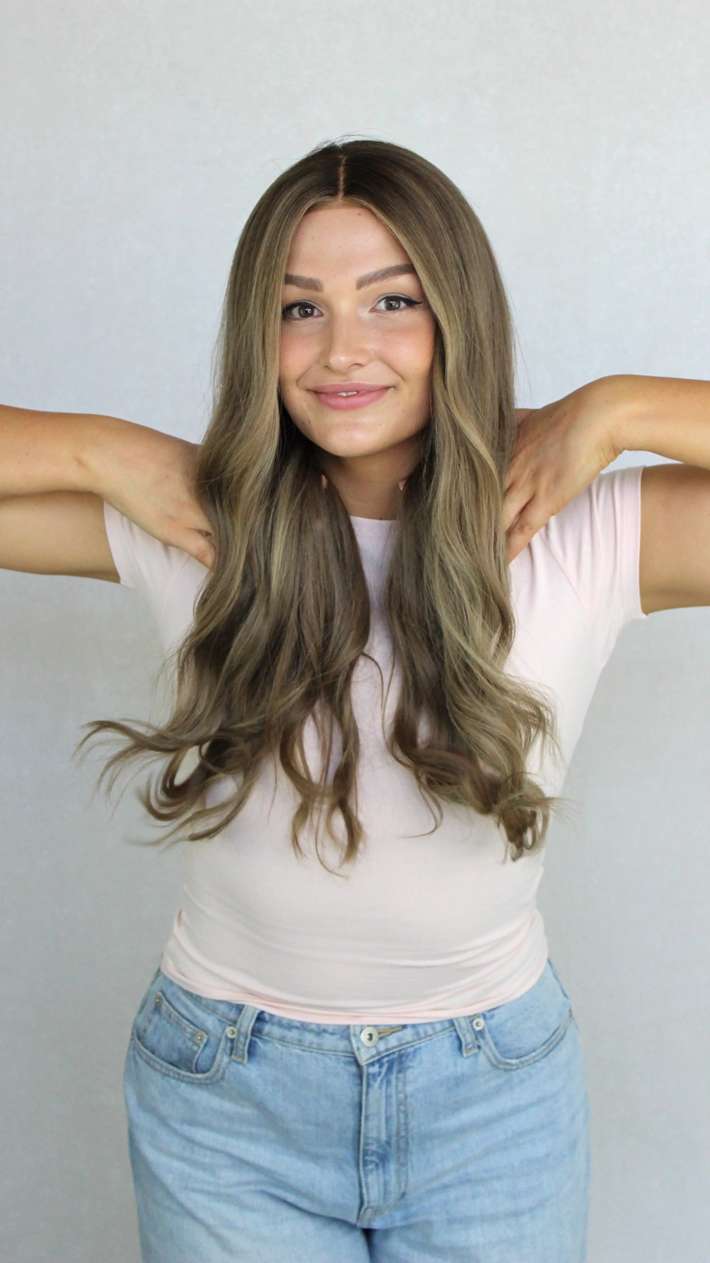 Ash Brunette with Highlights and Soft Root– 26" Human Hair Lace Front Wig- Colour: Jemma