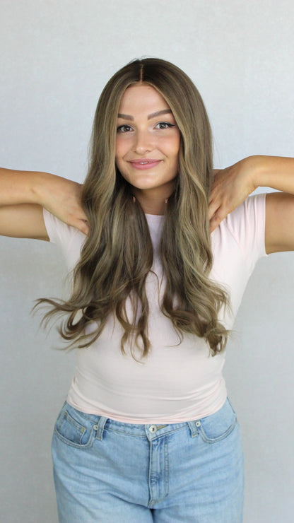Ash Brunette with Highlights and Soft Root– 26" Human Hair Lace Front Wig- Colour: Jemma