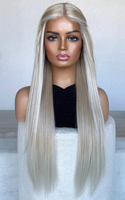 lacefront synthetic wig, blonde wig front on, hair pinned back. cute hairstyle wig.