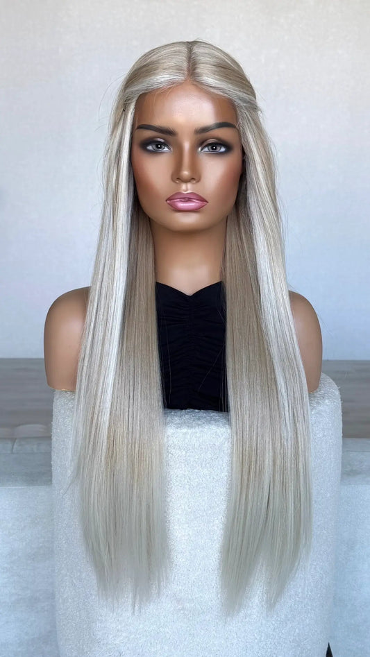 lacefront synthetic wig, blonde wig front on, hair pinned back. cute hairstyle wig.