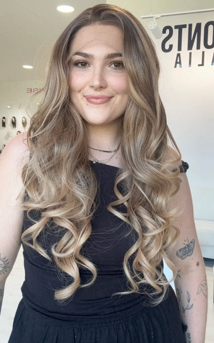 heat safe sythetic hair wig, curled styling with chageable parting, ombre soft brown colour, long length hair, synthetic wig australia, gold coast.