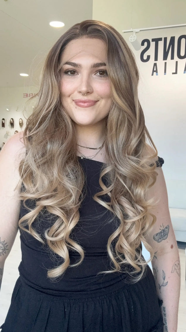 heat safe sythetic hair wig, curled styling with chageable parting, ombre soft brown colour, long length hair, synthetic wig australia, gold coast.