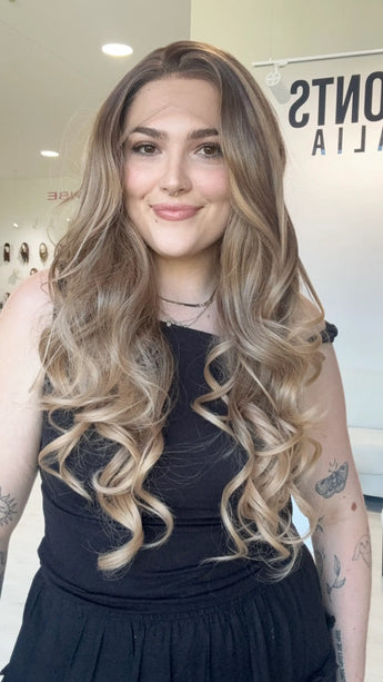 heat safe sythetic hair wig, curled styling with chageable parting, ombre soft brown colour, long length hair, synthetic wig australia, gold coast.