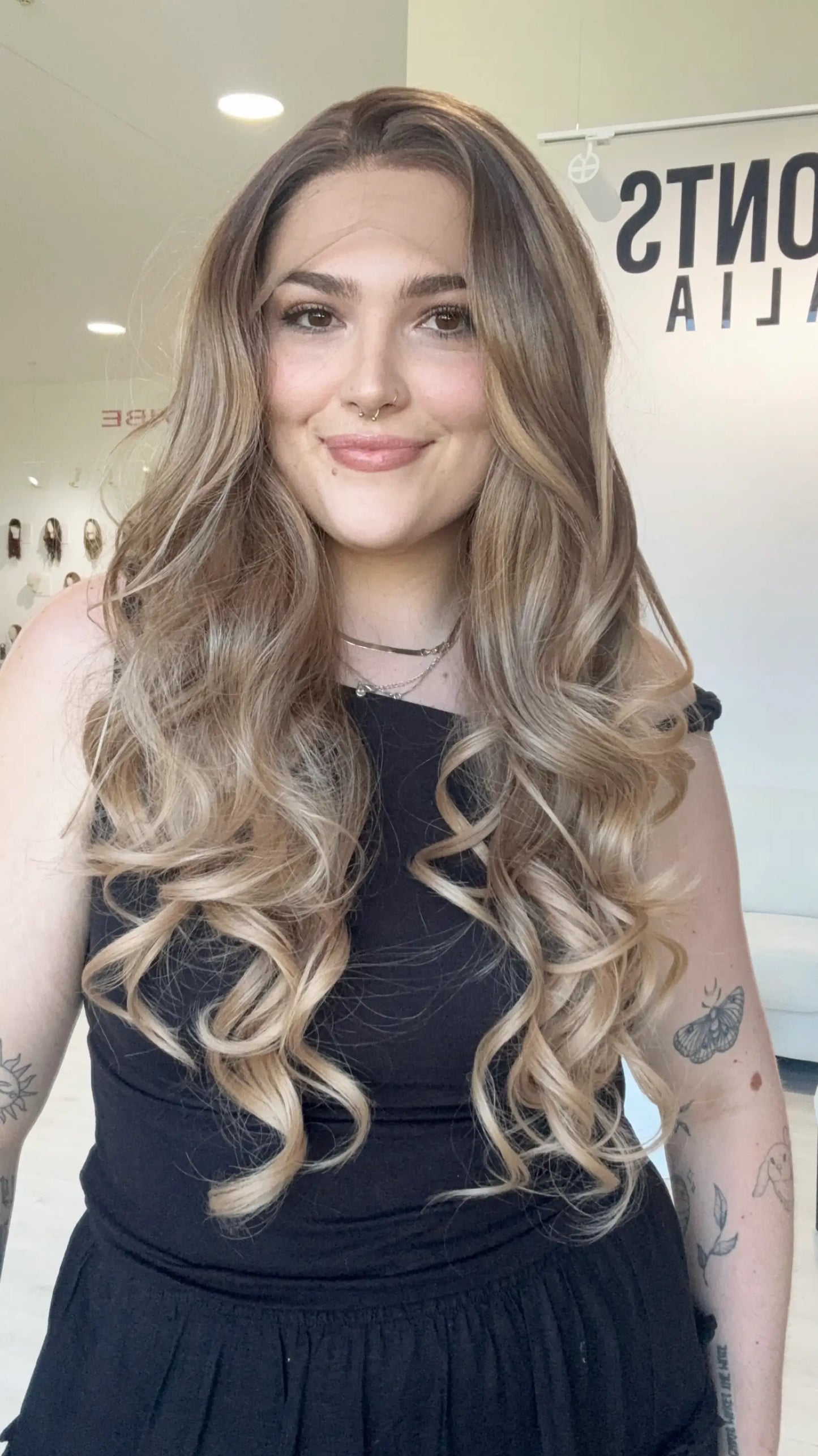 heat safe sythetic hair wig, curled styling with chageable parting, ombre soft brown colour, long length hair, synthetic wig australia, gold coast.